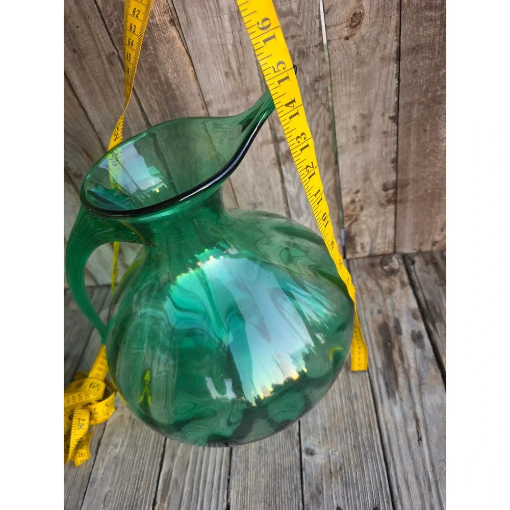 Vintage Emerald Green Hand Blown Glass Pitcher Optic Rib Mid Century Modern 15